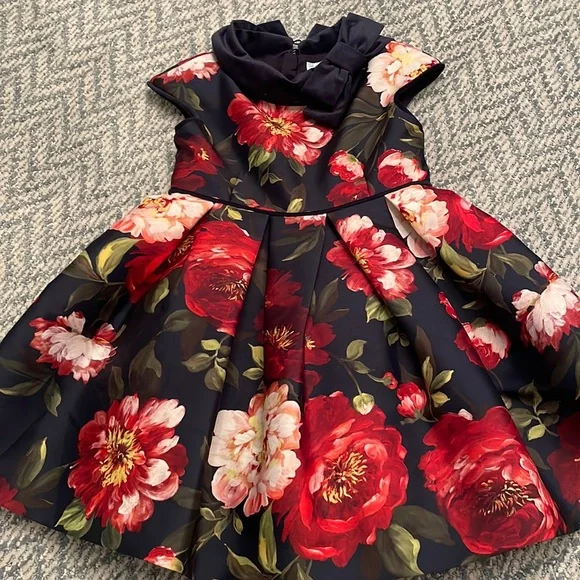 fitted lace wedding dress Navy V Neck Cherry with Blossom Flower A-Line Cotton Dress with Pockets main image 1